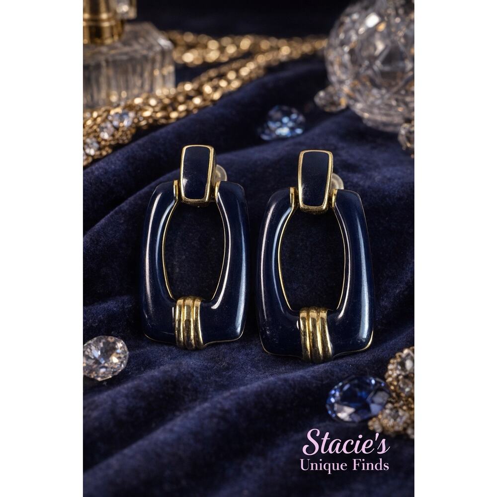 Vintage Navy Blue Enamel Gold Tone Door Knocker Statement Earrings
